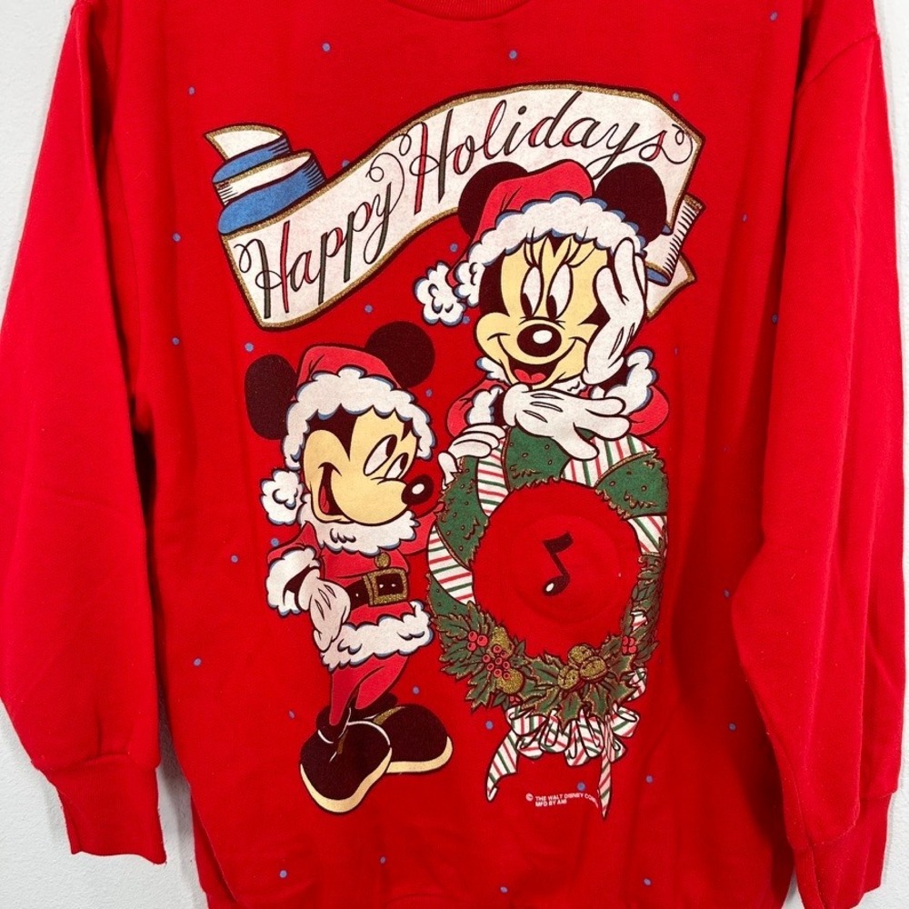 Disney Mickey Minnie Mouse Happy Holidays Christmas Sweatshirt Adult Medium Red - Picture 3 of 8